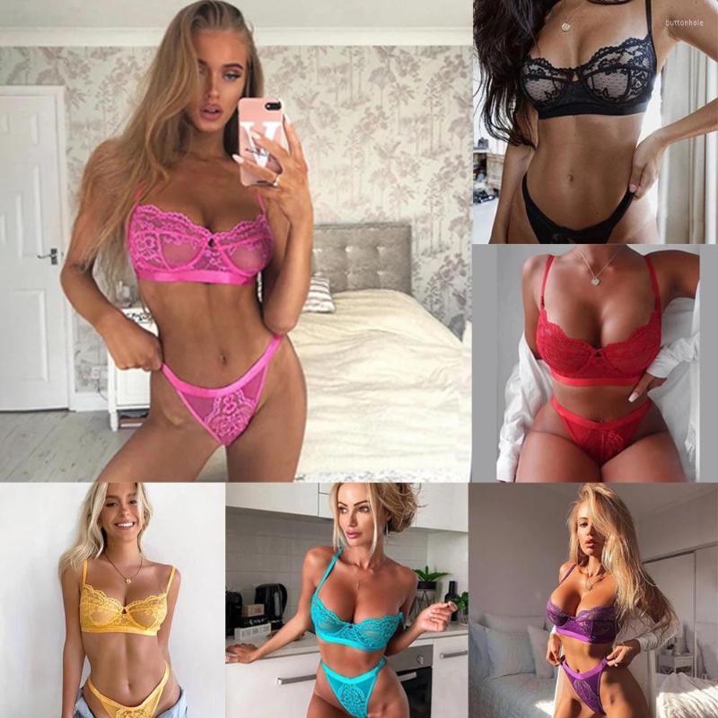 

Bras Sets Spring And Summer Sexy Perspective Lace Bra Bikini Pajamas Underwear Three-point Split Fun Suit, Blue