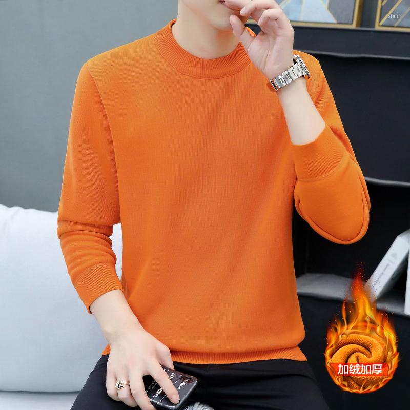 

Men's Sweaters Arrival Autumn And Winter Men's Thickened With Velvet Sweater Men Solid Base Shirt O-Neck Pullover Male M-4XL 7001, Auburn