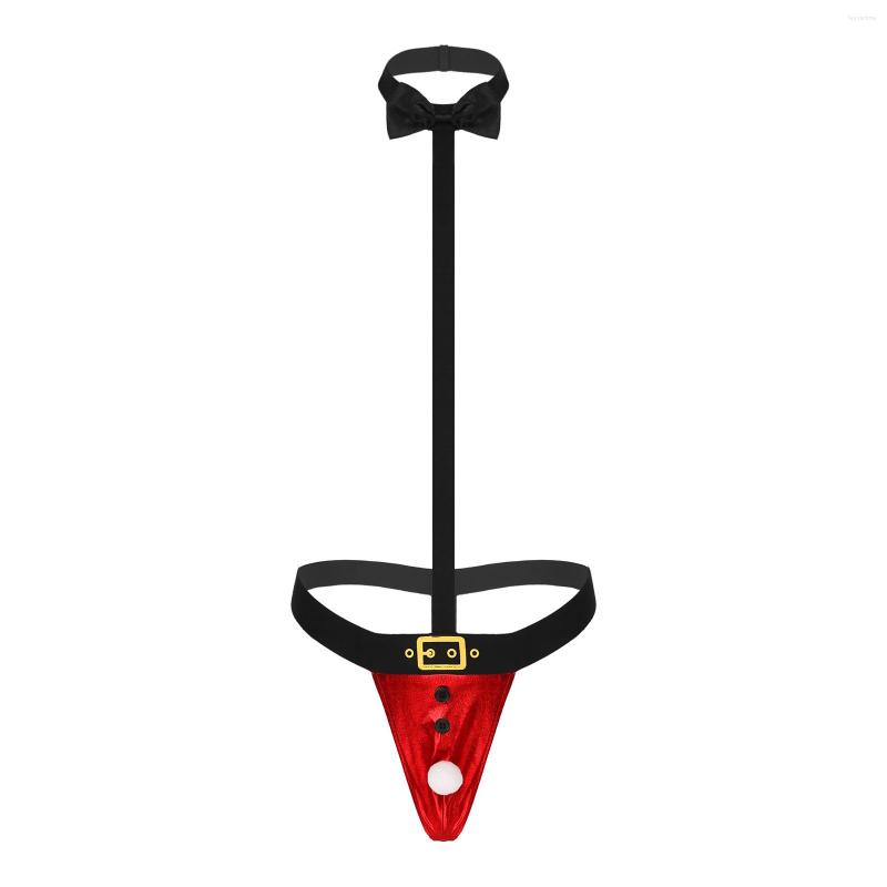 

Men's G Strings Erotic Lingerie Men Glossy Elastic Suspenders Underwear Suspender Bow Tie Pom-Pom G-String Thongs Mankini Christmas Costumes, Red