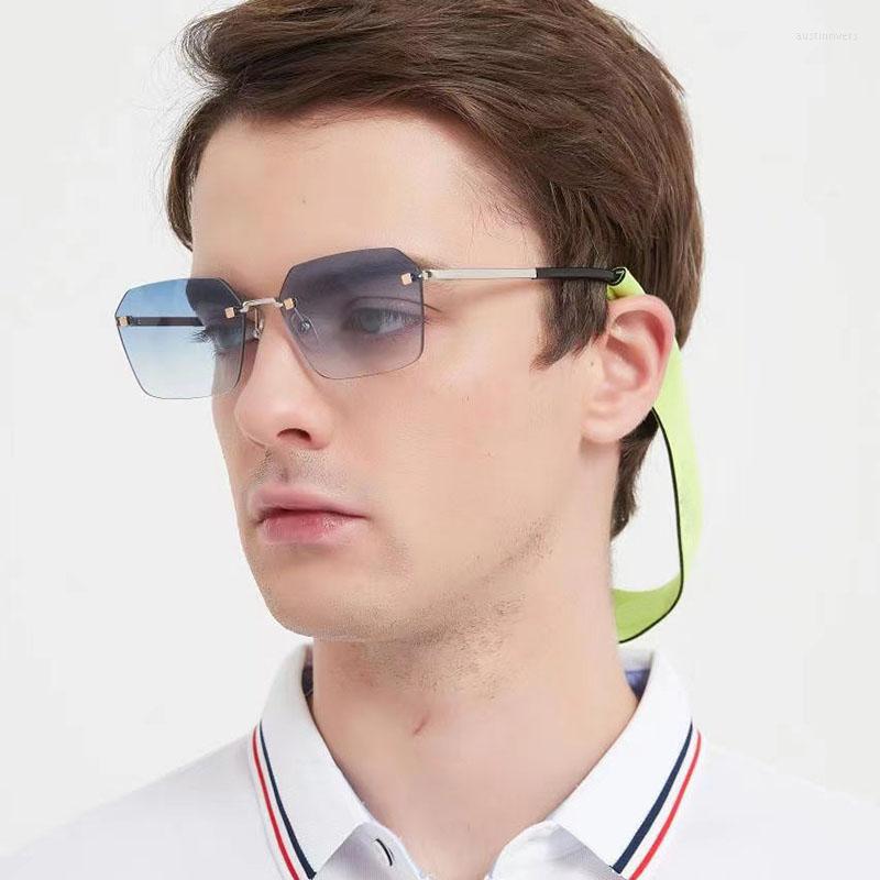 

Sunglasses Silvery Metal Frame Rectangular Rimless Men Fashion Gradient Lens