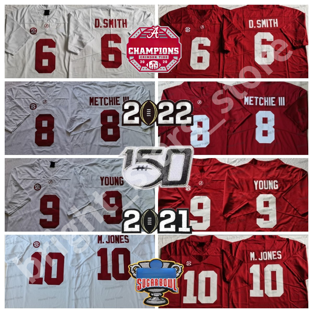 

NCAA 6 Devonta Smith Football Jersey 8 John Metchie III 10 Mac Jones 9 Bryce Young Mens Alabama College Football Jerseys Red White Stitched, Men jersey