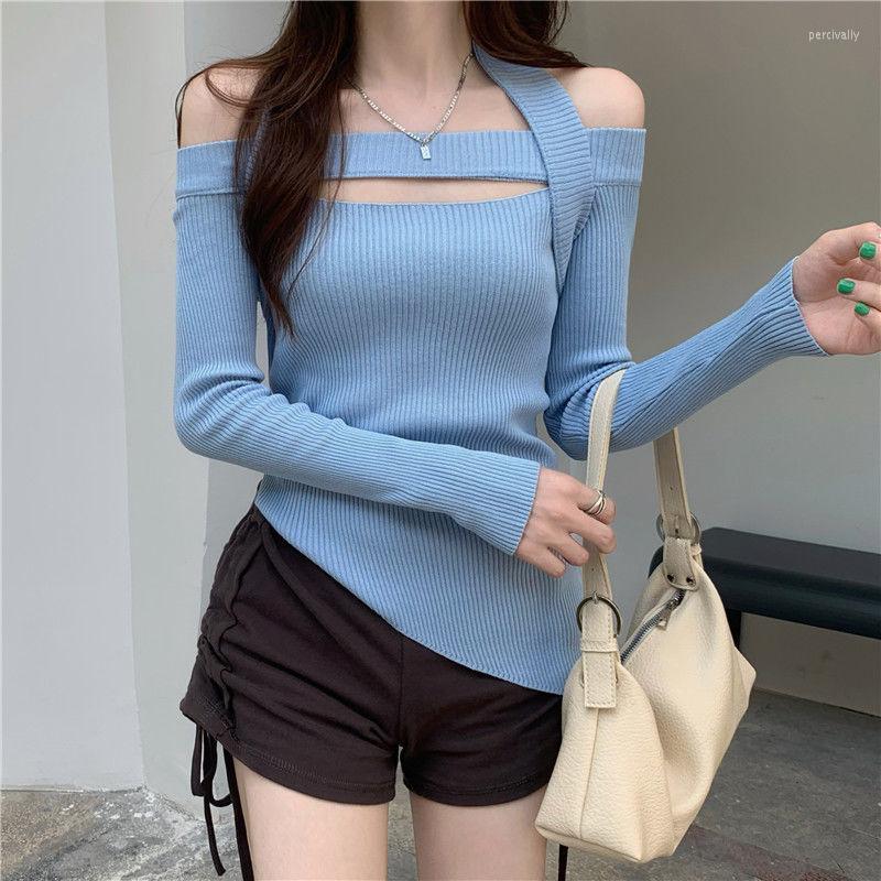 

Women's Sweaters Women Autumn Winter Fashion Sexy Halter Slash Neck Solid ColorLong Sleeve Knit Sweater For Ladies Slim Bottoming Tops E889, Black