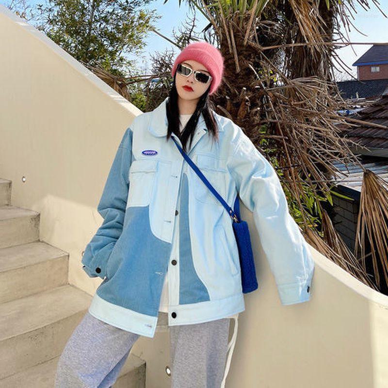 

Women's Jackets 2022 Spring Autumn Color Contrast Stitching Short Jacket BF Tooling Korean Denim Coat Women Preppy All-match Fresh, Photo