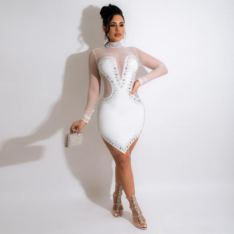 

Casual Dresses RMSFE 2022 Lady Summer Sexy Fashion Long Sleeve Round Neck Perspective Triangle Drill Body Wrap Hip Dress, Black