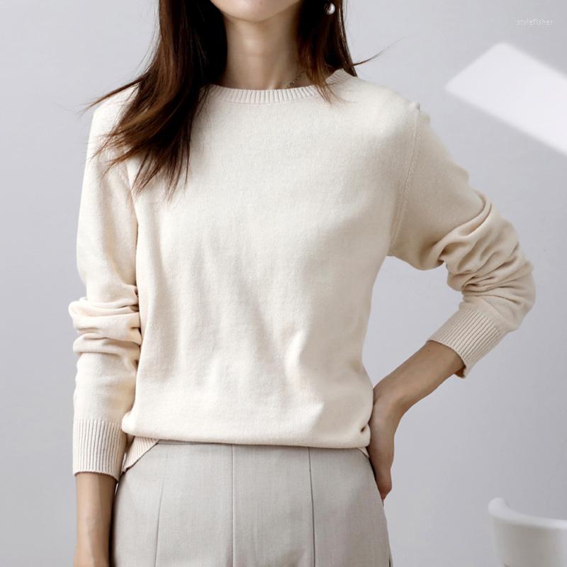 

Women' Sweaters Pure Cotton Knitted Women Knitwears Oneck Long Sleeve Solid Color Pullovers Female Clothes, Beige