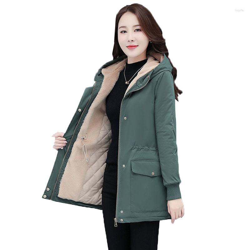 

Women's Trench Coats Winter Women Parka Hooded Jacket Mid Length Loose Plus Velvet Warm Coat Female Windbreaker Korean Casual Size Tops, Black