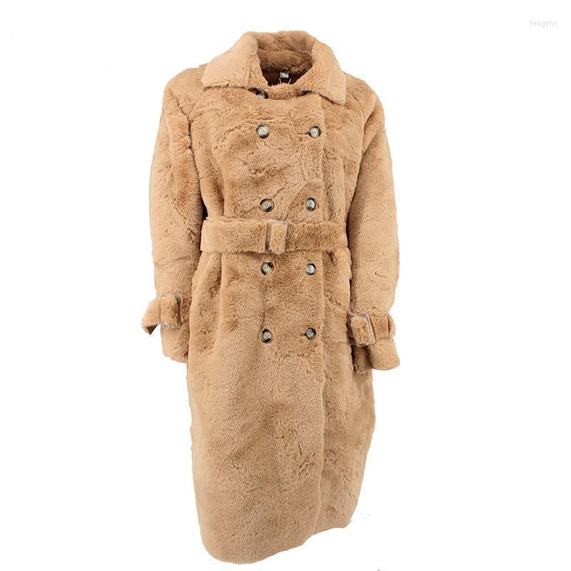 

Women's Fur YuerWang Women Coat Winter Faux Double Breasted Fake Jacket Thickened Warm Long Overcoat 2022 Teddy, Brown