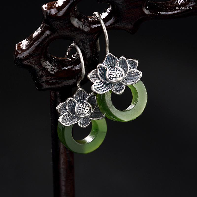 

Dangle Earrings Vintage Antique Silver Natural Jade Drop Handmade Lotus Flower For Women Piercings Accessories