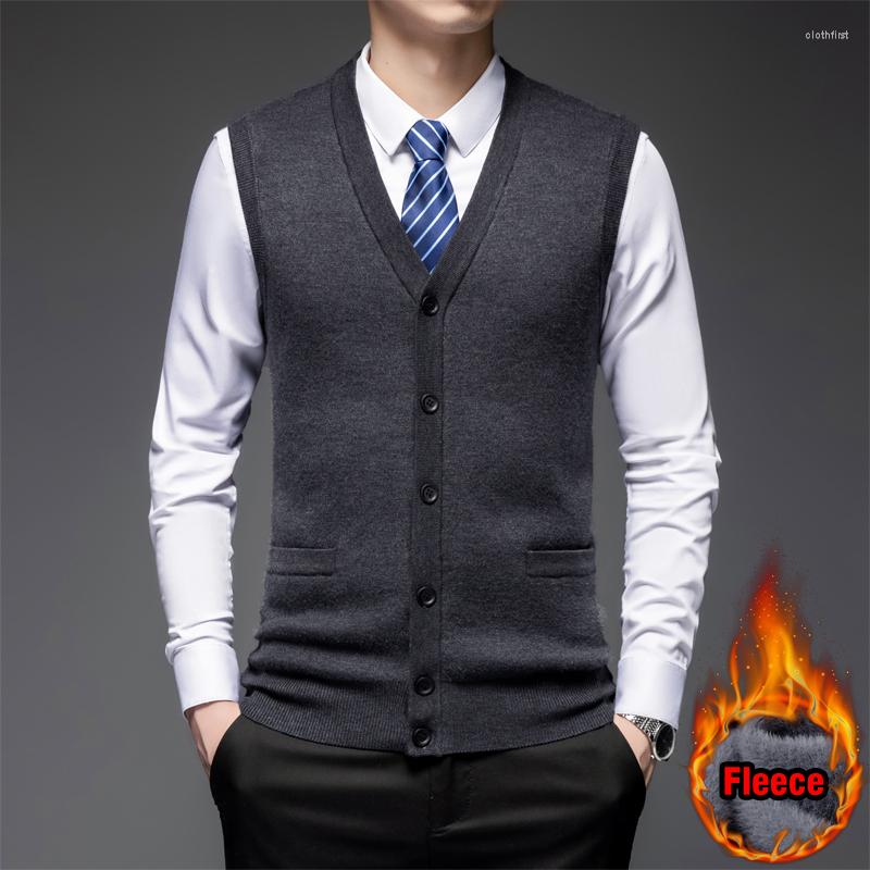 

Men's Vests LICHENGRUI Autumn Winter Warm Sweater Vest Men Classic Style Business Fashion Thick Fleece Button Cardigan Knitted Male, Dark grey
