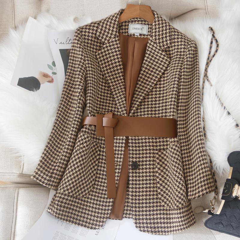 

Women' Suits 2022 Design Women' Fashion Turn Down Collar Khaki Houndstooth Plaid Grid Sashes Tweed Woolen Slim Waist Blazer Suit