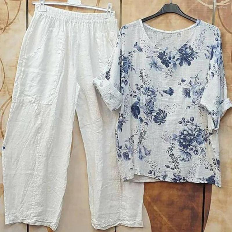 

Women's Two Piece Pants 5XL 2Pcs Women Tops Set Round Neck Simple Casual Short Sleeves Pullover Flower Print T-shirt Elastic Waist Lady Suit, Black