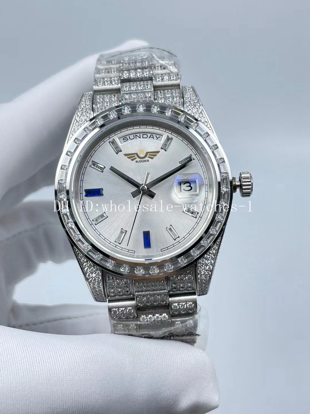 

5 Star Super 4 Style Full Diamond Watch President 41mm 118399 Silver Grey Dial Automatic Mechanical Watches Mens Men's Wristwatches, Travel bag