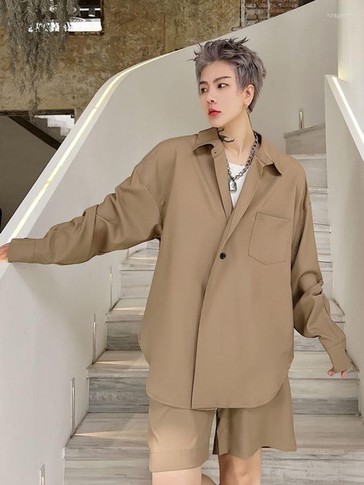 

Men's Tracksuits Solid Color Long Sleeve Shirt Casual Shorts Men's Set 2023 Autumn Summer Fashion Loose Temperament Lapel 2A2512, Black