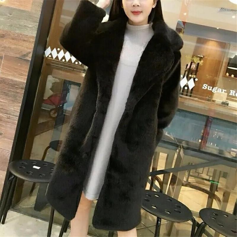

Women's Fur Black Faux Coat Women Vintage Autumn Winter Thicken Korean Fashion Elegant Female Mid-length White Fake Jacket Loose