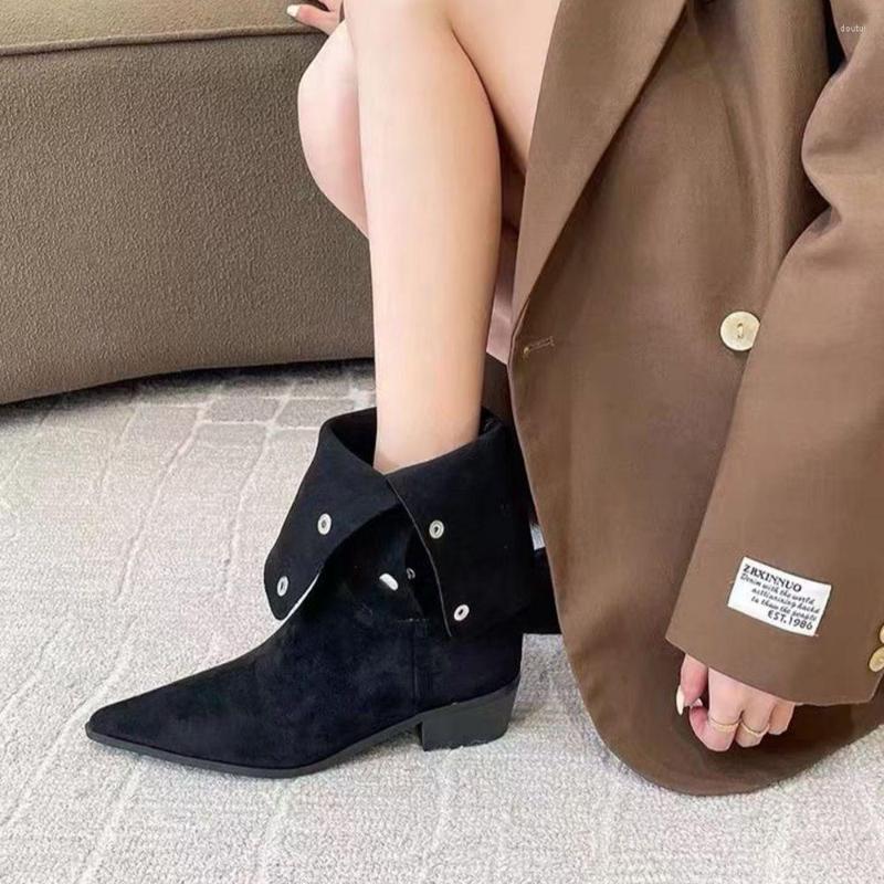

Boots Flock Women Ankle Mid Calf Booties Black Beige Green Flat Heels Button Design Dress Shoes Woman Size 35-39 Winter