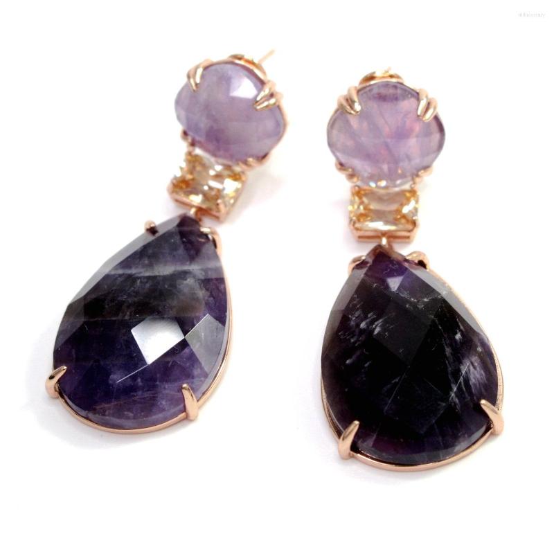 

Dangle Earrings Top Fashion Vintage Big Purple Amethyst Natural Stone Long Drop Hanging Copper Jewelry For Women 2022 Trend Wholesale