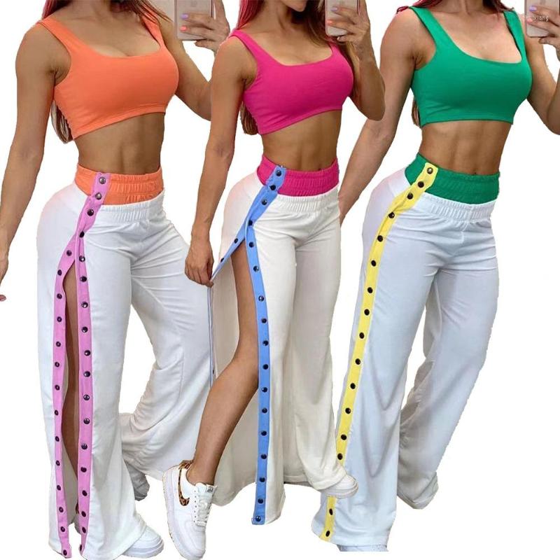

Women' Two Piece Pants Sexy High Split Long Sets Summer 2 Pieces Tracksuit Women Tank Crop Top And Metal Buttons Wide Leg Outfits, Green