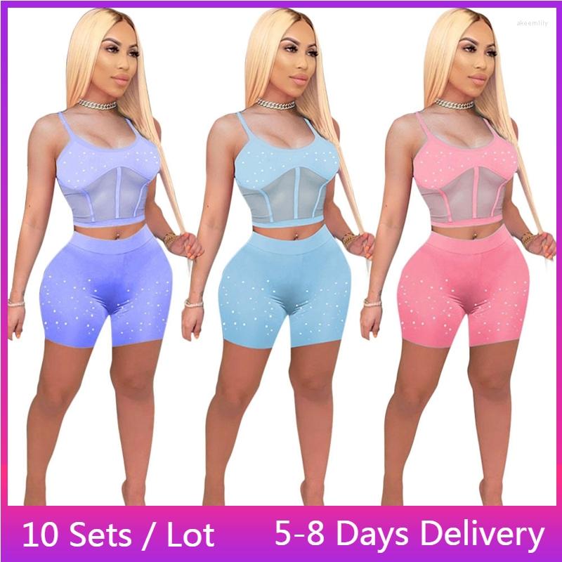 

Women' Tracksuits Wholesale Items Rhinestone Two Piece Sets Womens Outifits Summer Sexy Club Outfits Sheer Mesh Patchwork Tank Crop Top, Blue