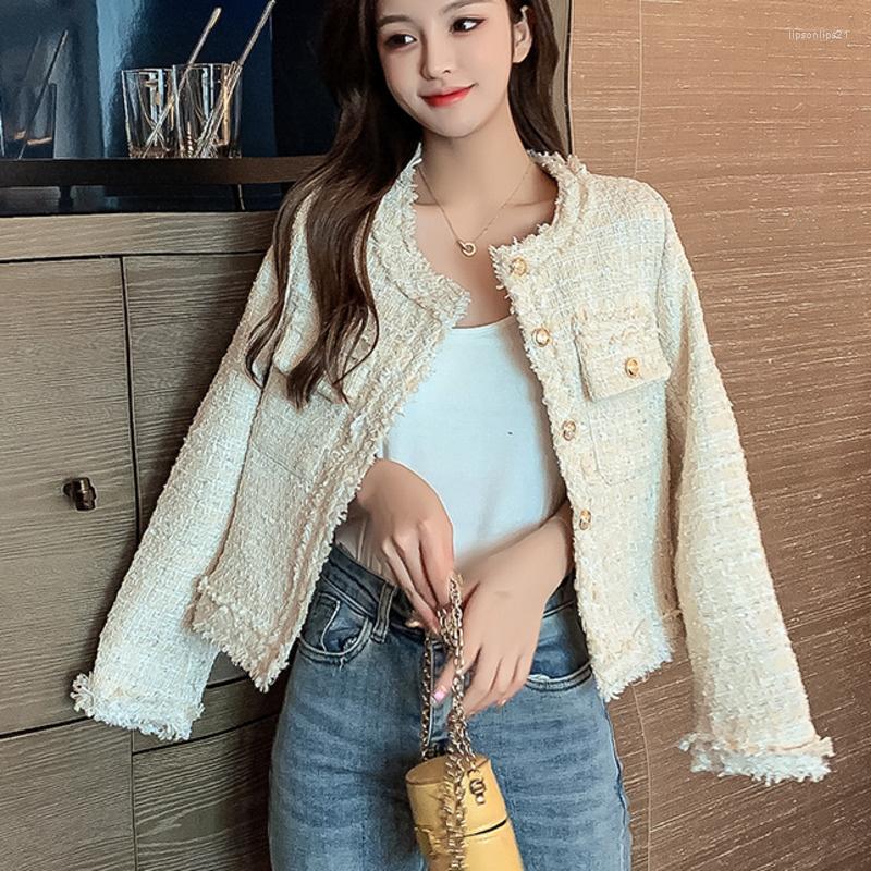 

Women's Jackets Pearl Button Tassel Plaid Tweed Pocket Jacket Coat Korean Fashion Autumn Streetwear Elegant Loose Woman Cardigans, Blue