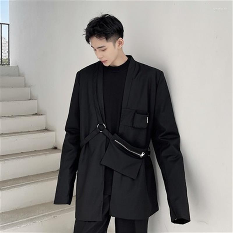 

Men' Suits Men' & Blazers Alternative Belt Waist Bag Design Function Wind Small Suit Fashion Male Dark Ruffian Handsome Jacket, Black