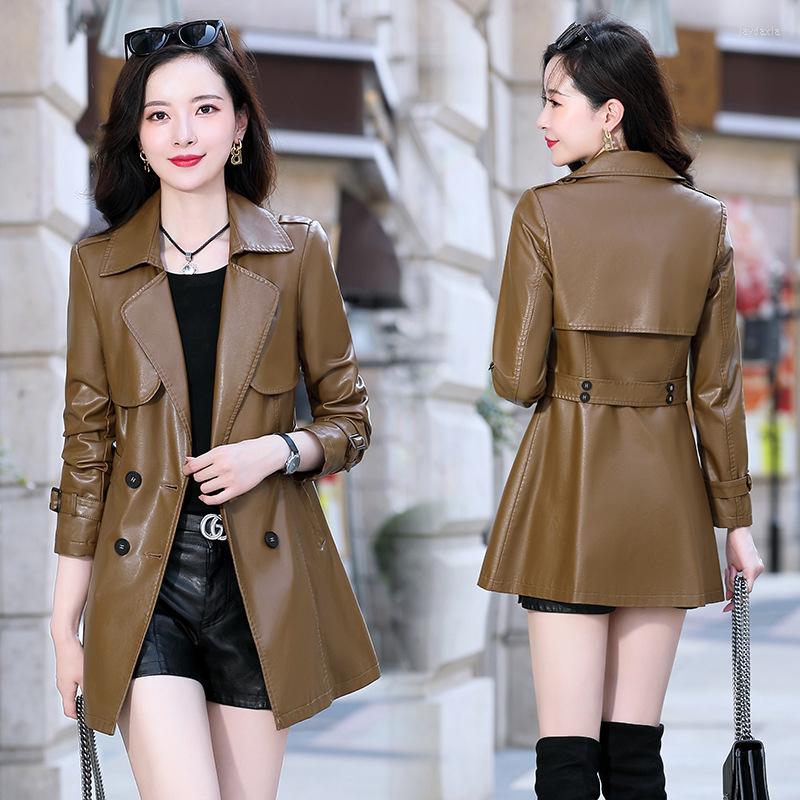 

Women's Leather Autumn Women Elegant Classic PU Faux Jacket Fashion Coat Outwear Long Sleeve Slim 783, Khaki
