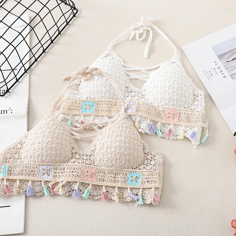 

Women's Tanks Bohemian Women Clothes Seaside Beach Lace Hollowed Out Swimsuit Sexy Suspender Neck Vest Fashion Ethnic Style Backless Crop