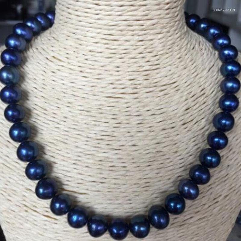 

Chains Elegant 9-10mm Round Tahitian Black Blue Pearl Necklace 18inch 925silver