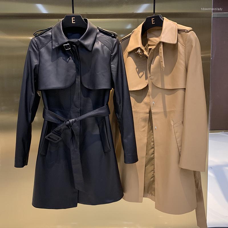 

Women' Leather Genuine Clothes Sheepskin Coat Women' Windbreaker Style Waistband Single Row Dark Buckle Fabric Soft, Black