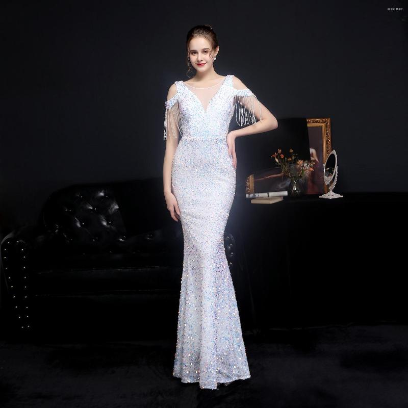 

Party Dresses Beads Sequined Elegant Mermaid Round Neck Long Formal Evening Gown For Women Backless Champagne Plus Size Prom, Black