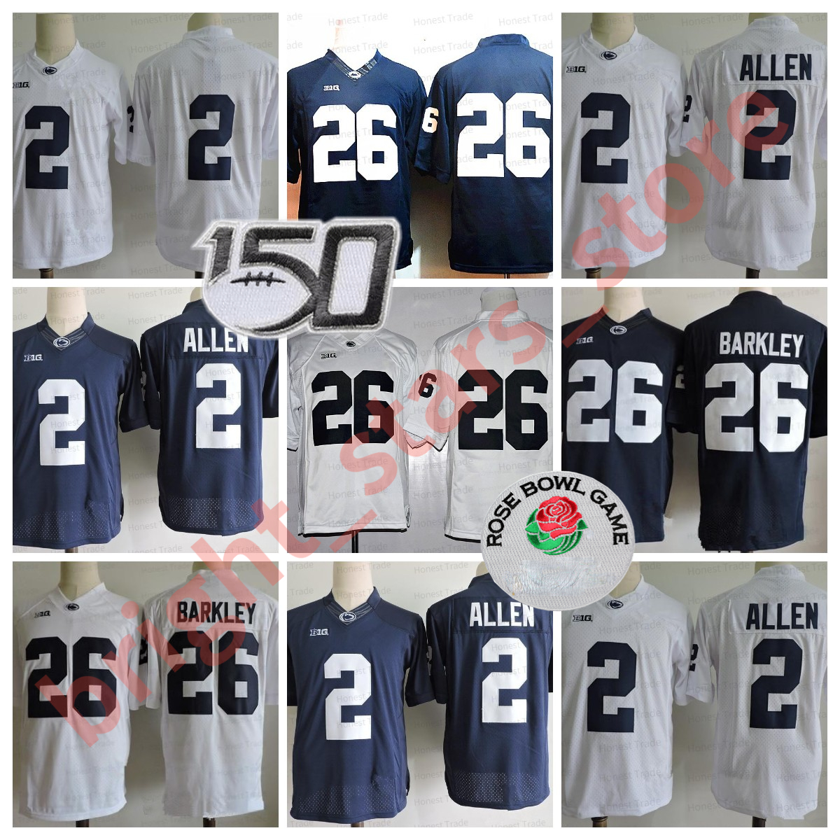 

NCAA 2 Marcus Allen Football Jersey 26 Saquon Barkley Penn State Nittany NO NAME Mens White Navy Stitched College Football Jerseys 150th Rose Patch, Men jersey;no name