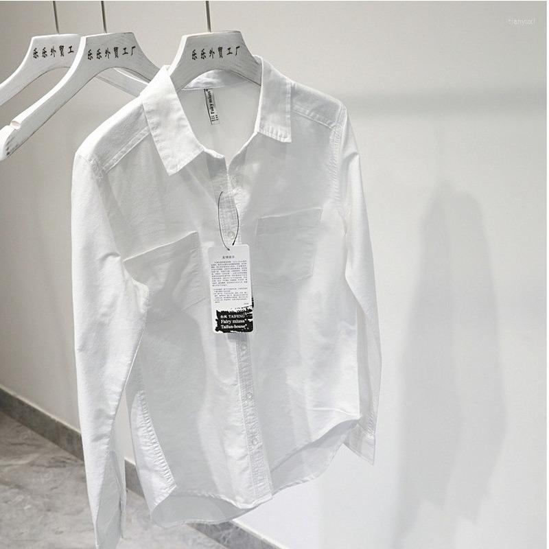 

Women' Blouses Women Shirts 2022 Autumn In Lapel Long Sleeve Button Up Casual Bright Line Front Pocket Cotton Blouse White Tops