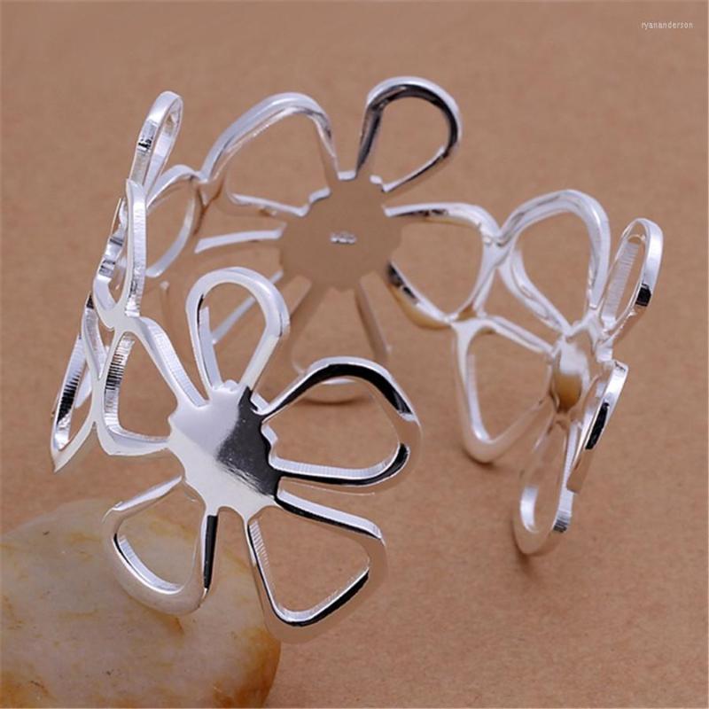 

Bangle Big Flower Wide 925 Color Silver Bracelets For Women Adjustable Elegant Fashion Party Wedding Jewelry Holiday Gift