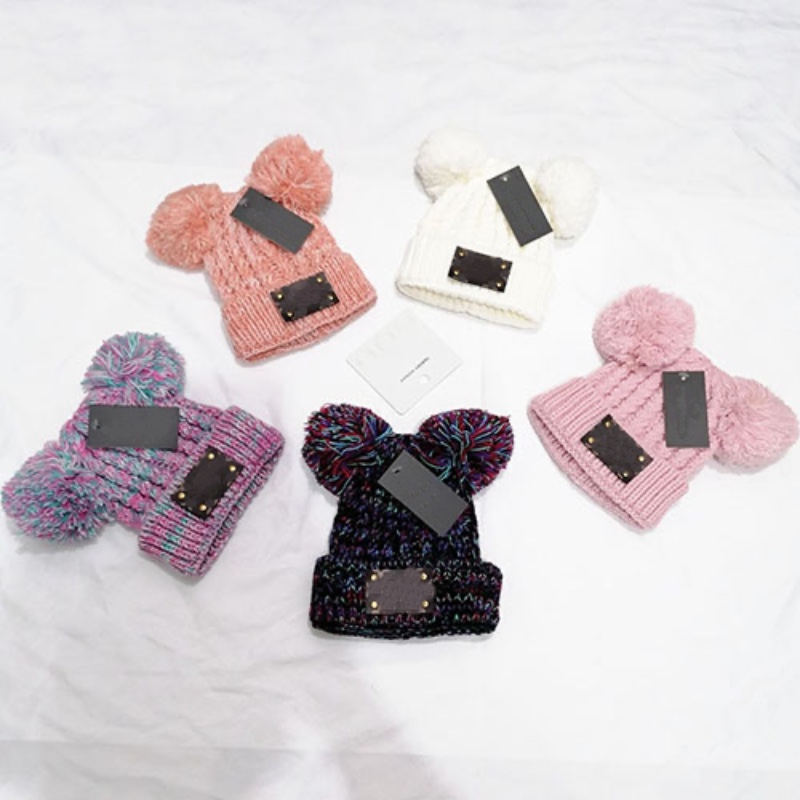 

Cute Kids Two Poms Knitting Hats Luxury Designer Baby Winter Caps 5 Colors Brand Children Knitted Hats Wholesale, C4
