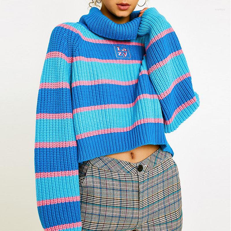 

Women's Sweaters Lazy Striped Turtleneck Jumper Embroidered Knit Sweater Pullovers Women School Girl Harajuku Aesthetic /, Pink and blue