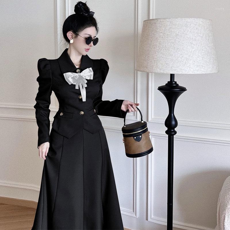 

Two Piece Dress 2022 Spring And Autumn Season Elegant High-end Slim Women' Long Sleeved Black Blazer Bownot Top Skirt Two-piece Suit, Black set