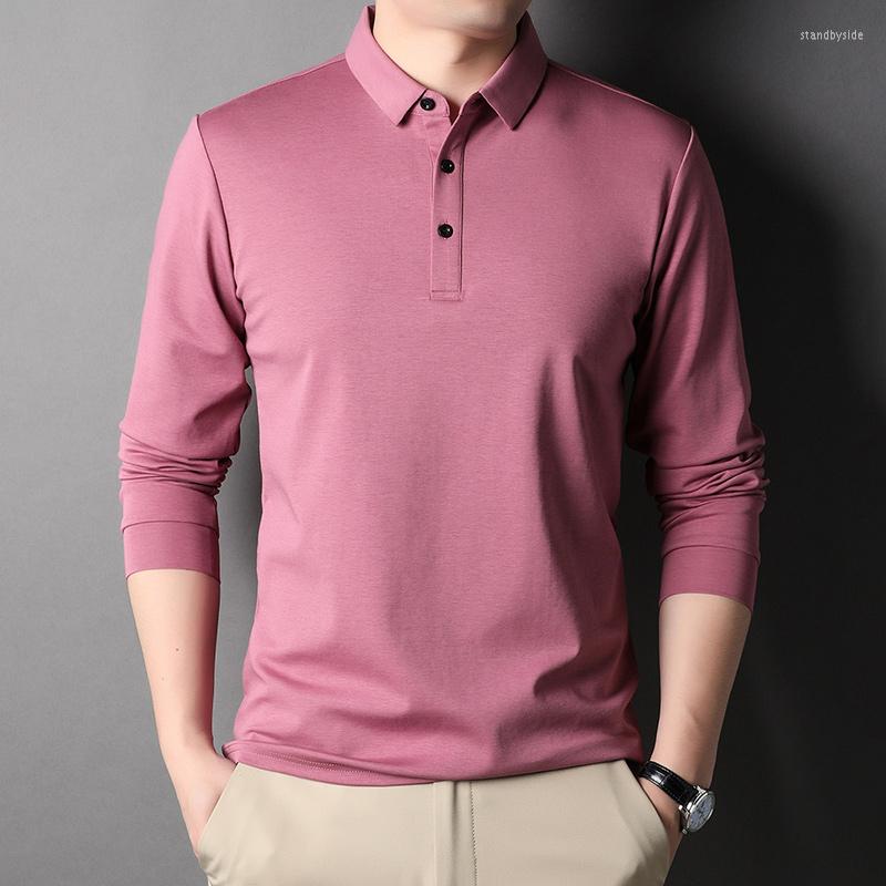 

Men's Polos Mens Mulberry Silk Polo Clothing 2022 Autumn Long Sleeve Shirt Male Turn Down Collar Tops Solid Color Cotton Shirts, Navy blue