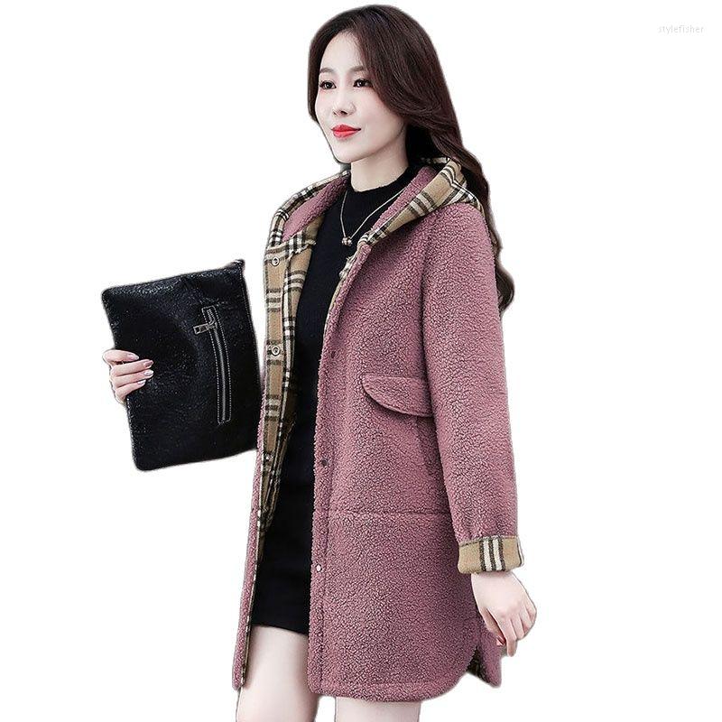 

Women's Wool Female Imitate Lambswool Hoodie Mid-length Ladies Coat 2022 Autumn Winter Single-Breasted Loose Hooded Women's Sweater, Khaki
