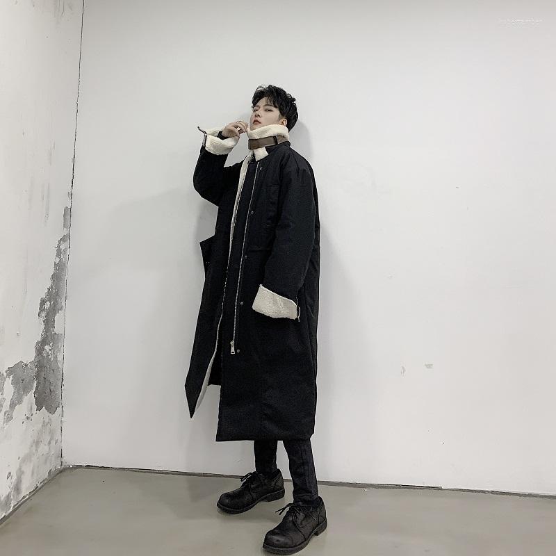 

Men's Down YASUGUOJI Male Japan Vintage Streetwear Punk Gothic Thick Parkas Coat Outerwear Men Padded Cotton Lamb Wool Long Jacket Overcoat, Black
