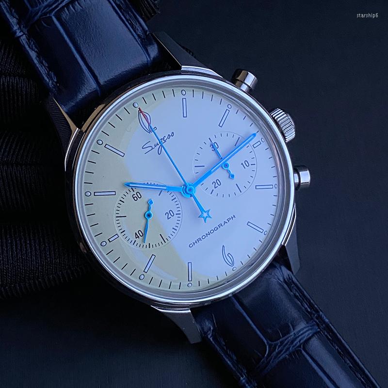 

Wristwatches Official Sugess Original Watch Seagull Mechanical Movment ST1901 Vintage Men Chronograph Wristwatch Military Series, Ivory blue leather