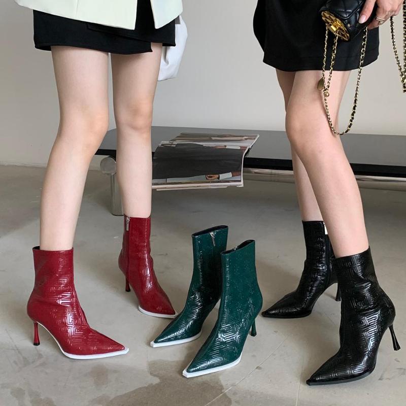 

Boots Pointed Toe Women Ankle Side Zipper Thin High Heels Party Pumps Black Brown White Green Winter Dress Shoes Woman Size 39
