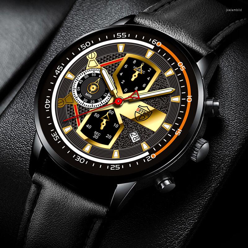 

Wristwatches DEYROS Fashion Men's Leather Luminous Calendar Wrist Watch Men Trendy Decorative Three-Eye Sports Quartz Watches Montre, Black