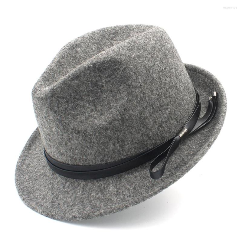 

Berets Fashion Women Men Wool Fedora Hat For Elegant Lady Gentleman Trilby Felt Homburg Jazz With Leather Size 56-58CM, Black