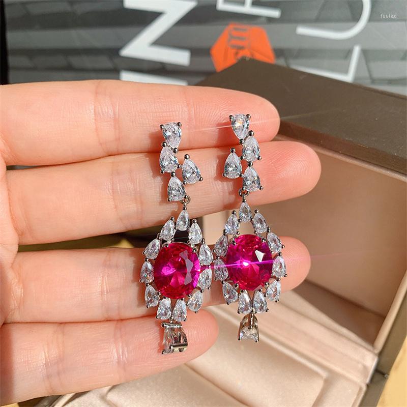 

Dangle Earrings QLuxury Long Hanging For Women Silver Color Oval Red Cubic Zirconia Wedding Bridal Jewelry 2022
