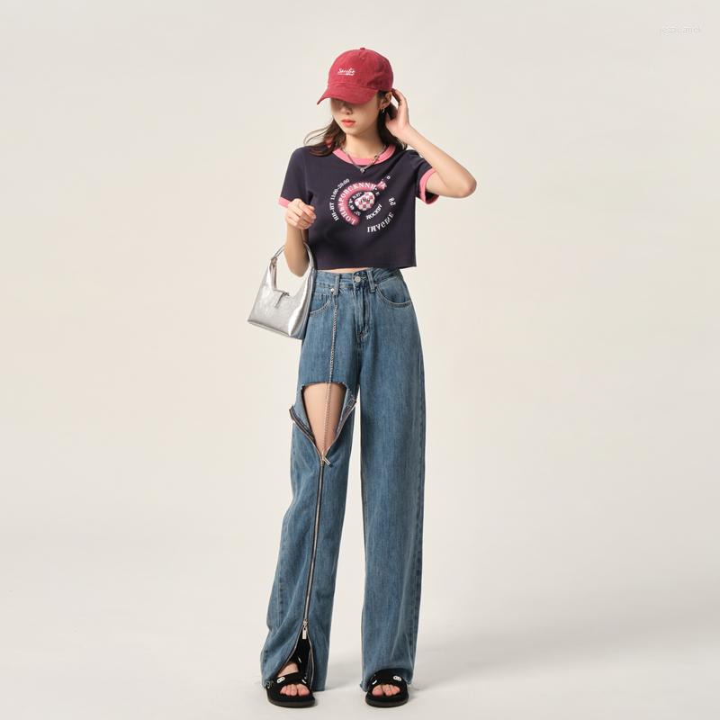 

Women' Jeans Wide-leg Ripped Women' Loose High-Waisted Straight-Leg Pants Wash Water Drape Hollowed-Out Long, Blue