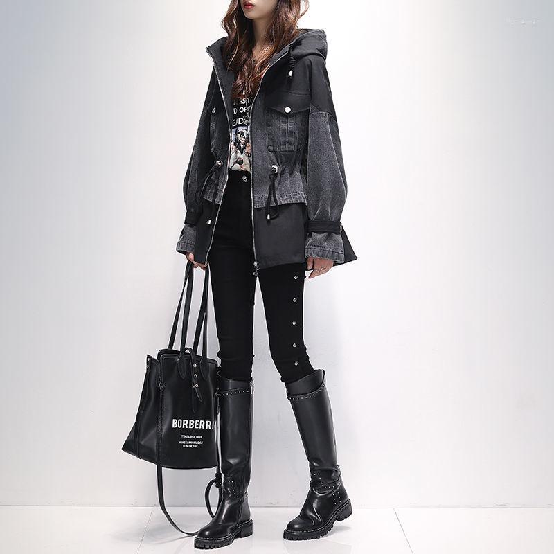 

Women's Jackets Spring Plus Size 4XL Patchwork Denim Women Coats Long Sleeve Hooded Zipper Drawstring Female Coat Streetwear Casual Lady, Black