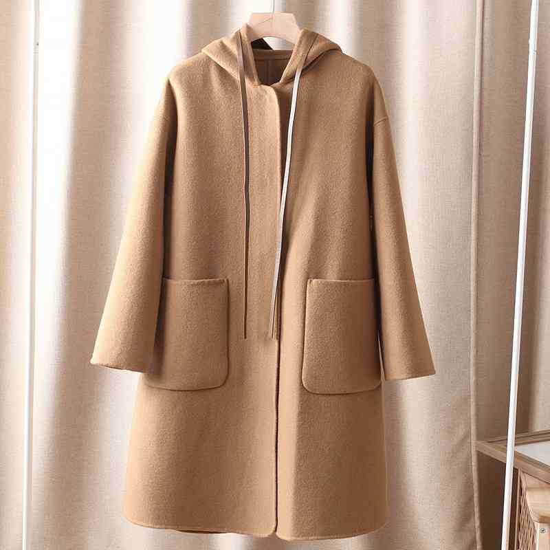 

Max designer woolen coat womens long wool jacket women big pocket fashion hooded trench coats usa size, Black
