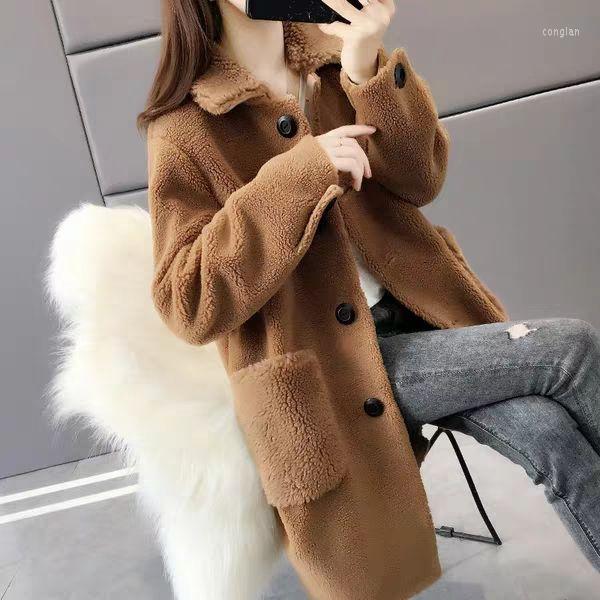 

Women' Fur Grained Sheep Shearling Jacket Imitation Lamb Wool Ladies Mid-length Coat Thickened And Warm, White