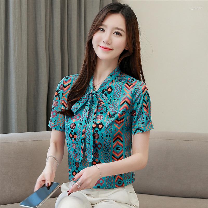 

Women' Blouses #5110 Short Sleeve Shirt Women Bot Collar Slim Chiffon Office Female Casual Vintage Printed Elegant Ladies Top, Green
