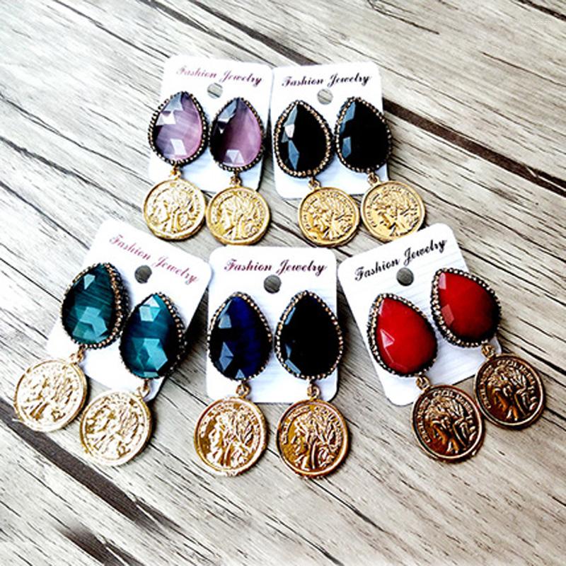 

Dangle Earrings 1 Pair Opal Stone Coin Rhinestone Paved Vintage Gold Disc ER812