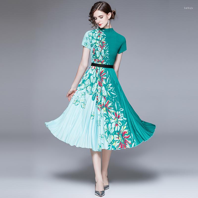 

Work Dresses Runway Summer Flower Print Two Piece Set Women Green Short Sleeve Elastic Tops High Waist Floral Pleated Midi Skirts Suits, Red